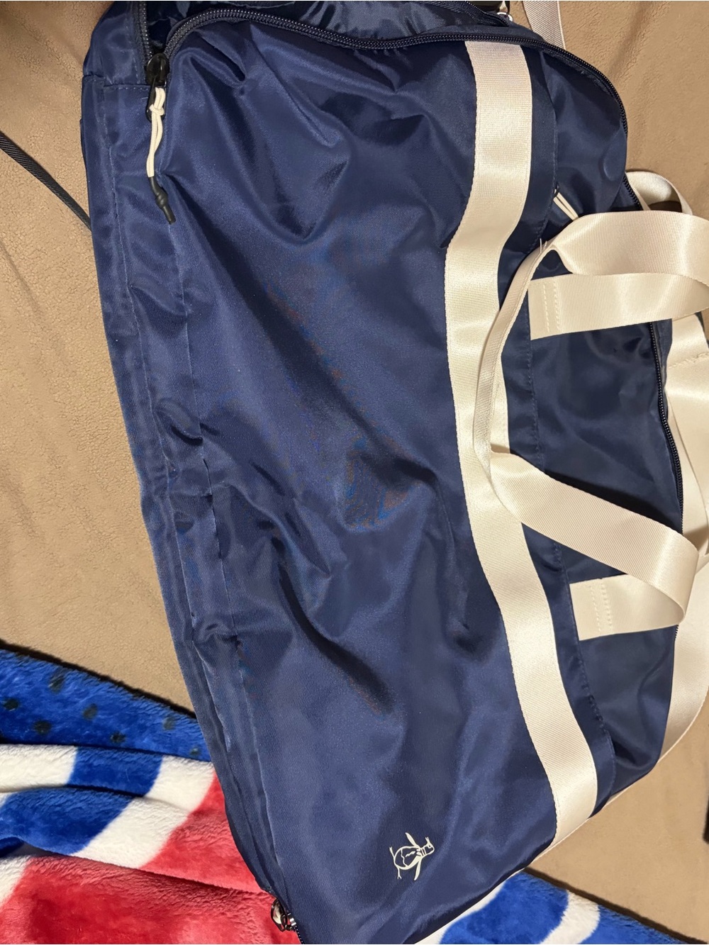 Original Penguin Navy Duffel Bag with Cream Straps